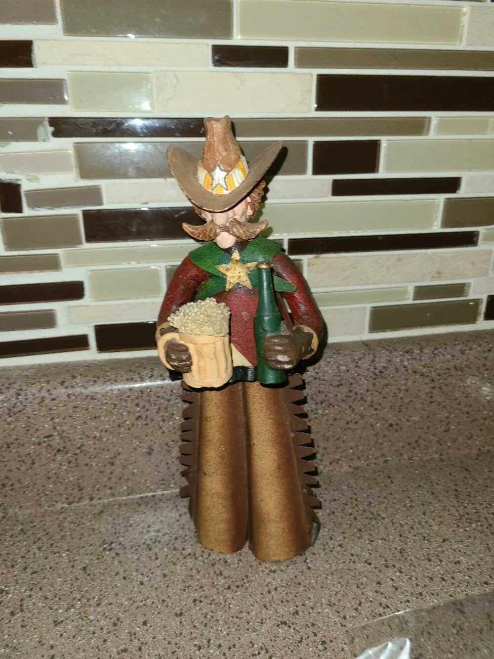 Vintage Cowboy Metal Art Statue Western Decor Holing a Mug of Beer & a Bottle
